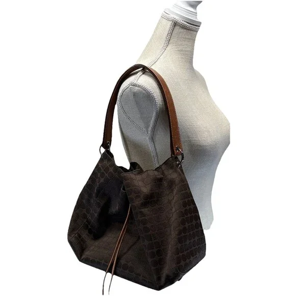 Vintage Kate Spade Brown Canvas Drawstring Bucket Bag Dot Geometric Print - Picture 1 of 13